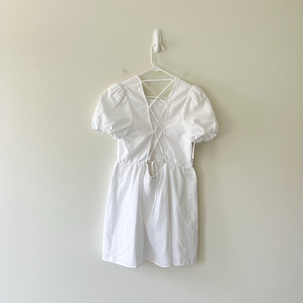 Aritzia Sunday Best NWT Saida White Puff Sleeve Back Tie Mini Dress Size Large - Picture 6 of 14